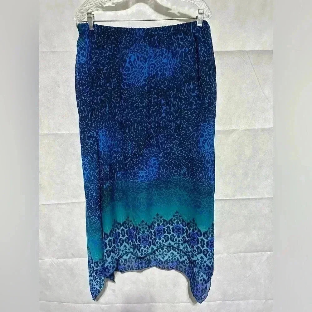 One World Maxi Skirt Women’s 1X Plus Asymmetrical Hem Elastic Waist Celestial